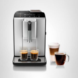 bosch máquina de café y café totalmente automática serie 300 – espumador en taza, bebidas con leche onetouch, 5 opciones de bebidas, molinillo de cerámica, fácil de limpiar y descalcificar, en plata