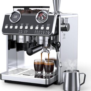 qja máquina de café expreso con molinillo, máquina de café espresso profesional de 20 bares de presión con 30 ajustes de molienda, portafilte de 2.283 in, espumador de leche antiquemaduras, varita de
