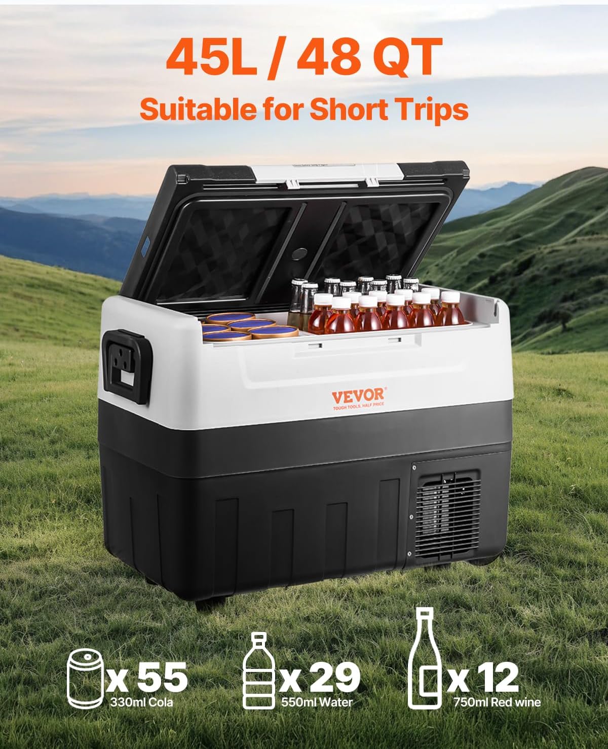 vevor refrigerador de automóvil, refrigerador de coche de 12 voltios, congelador portátil de doble zona de 48 cuartos de galón / 45 l, rango ajustable de 4 ℉ a 50 ℉, 12/24 v cc y 100 240 v ca para vevor refrigerador de automóvil, refrigerador de coche de 12 voltios, congelador portátil de doble zona de 48 cuartos de galón / 45 l, rango ajustable de 4 ℉ a 50 ℉, 12/24 v cc y 100 240 v ca para