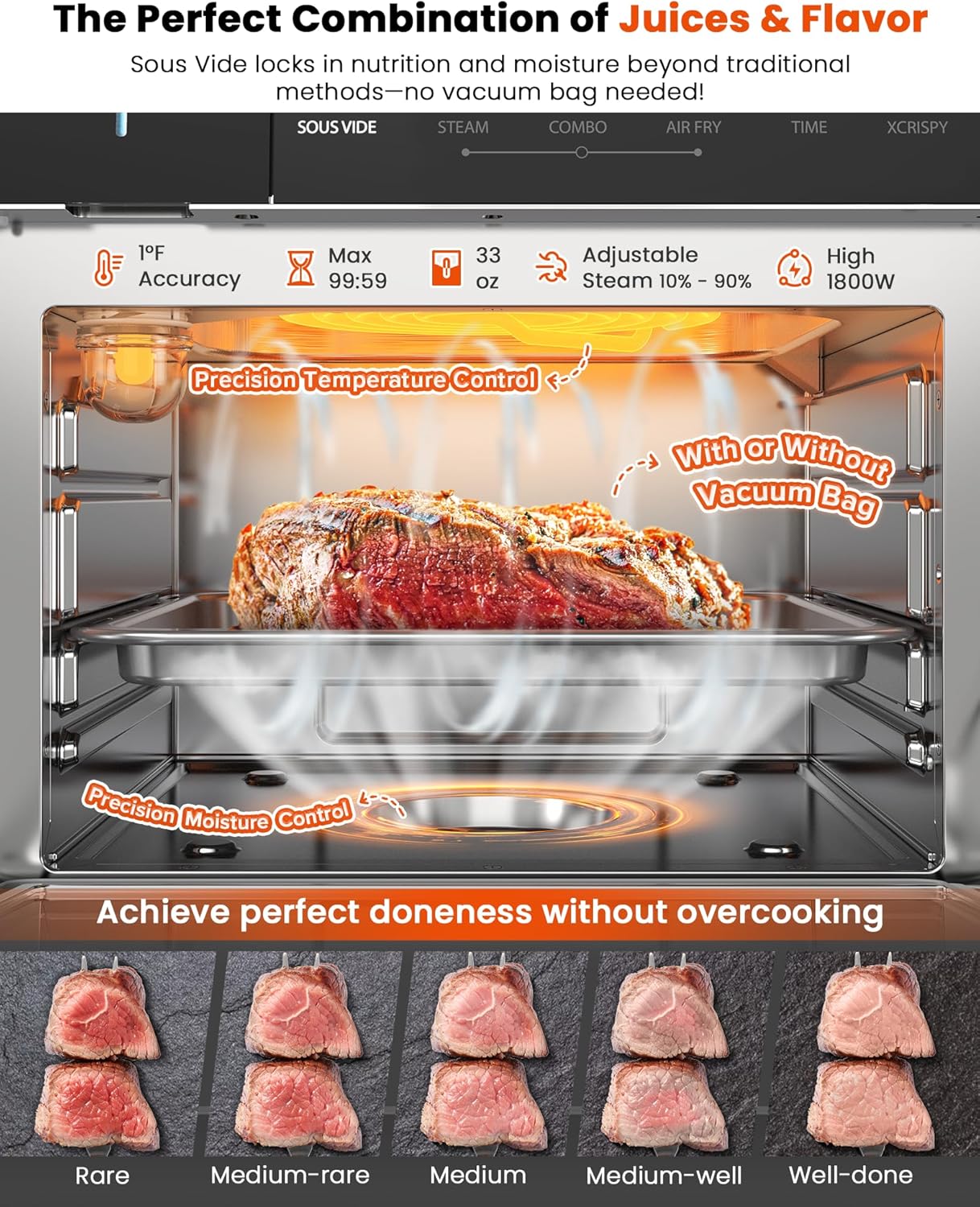 nuwave horno de vapor combinado, multicocción de acero inoxidable no tóxico con freidora de aire, vapor, cocción al vacío, tostadas y más, precisión de 50 450 °f, 120 preajustes, control de humedad nuwave horno de vapor combinado, multicocción de acero inoxidable no tóxico con freidora de aire, vapor, cocción al vacío, tostadas y más, precisión de 50 450 °f, 120 preajustes, control de humedad